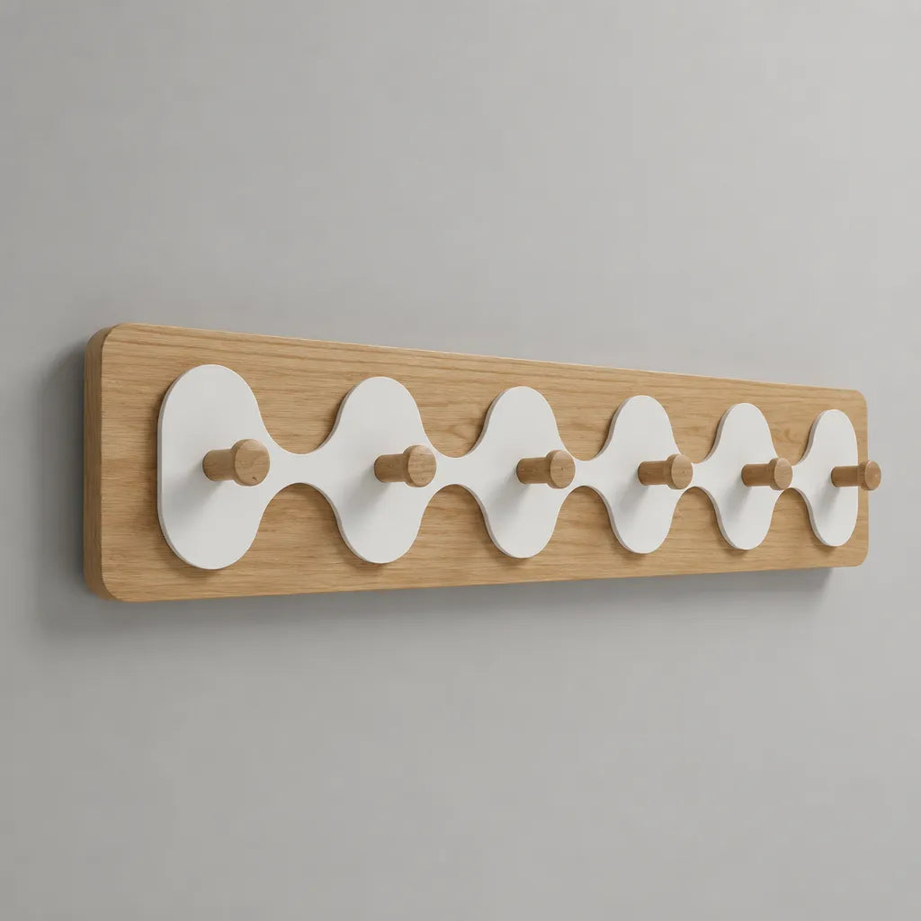 Porte-manteau mural à 6 patères en MDF plaqué chêne et hêtre massif, blanc et naturel, 60 × 15 × 6 cm