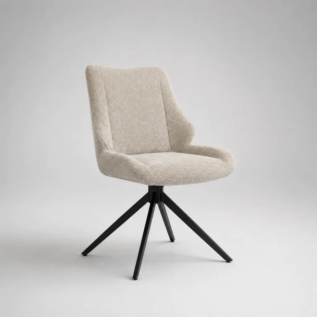 Chaise pivotante en tissu bouclé beige et métal noir, 58 × 61 × 83 cm