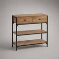 Console d’entrée rectangulaire en bois et acier noir avec 2 tiroirs et 2 étagères, brun chêne et noir, 100 × 35 × 90 cm