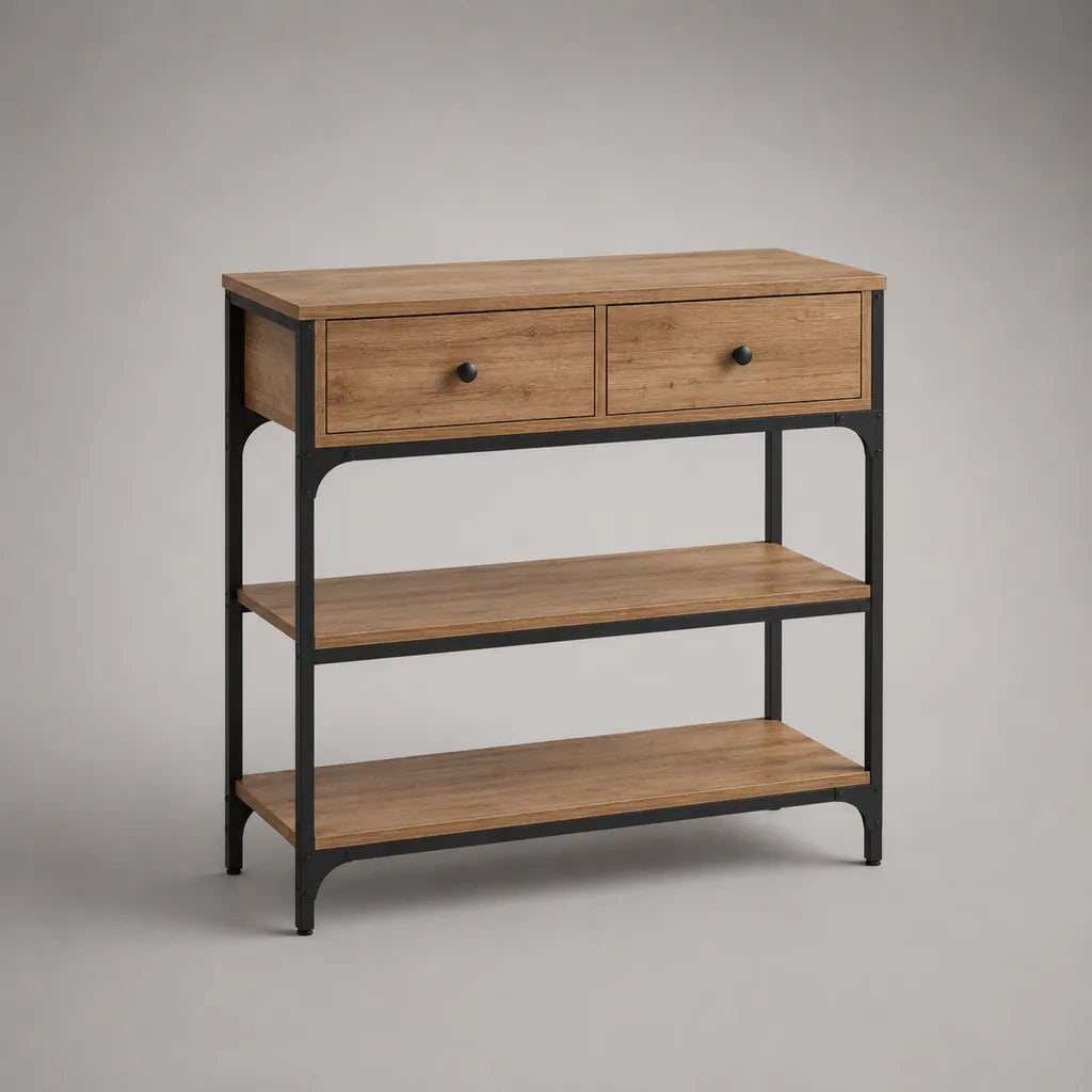 Console d’entrée rectangulaire en bois et acier noir avec 2 tiroirs et 2 étagères, brun chêne et noir, 100 × 35 × 90 cm
