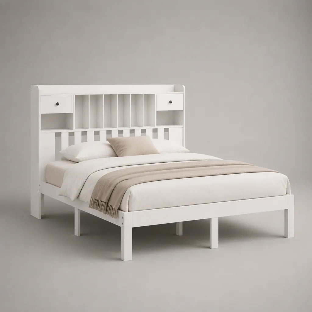 Lit double en bois blanc 160 × 200 cm avec tête de lit à rangements, sommier à lattes et 2 tiroirs