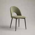 Chaise de salle à manger rembourrée en velours polyester vert olive avec pieds en acier noir, 49 × 55 × 82 cm