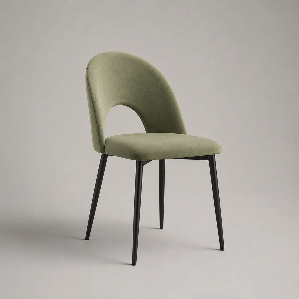 Chaise de salle à manger rembourrée en velours polyester vert olive avec pieds en acier noir, 49 × 55 × 82 cm