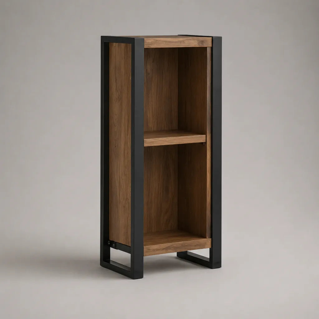 Meuble de rangement étroit à 2 niches en MDF mélaminé et acier, noyer et noir, 35 × 30 × 80 cm