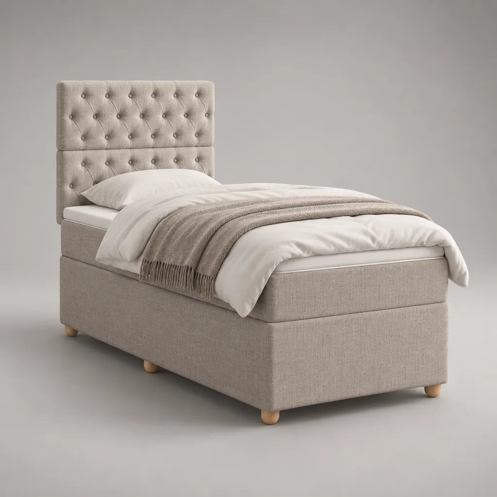 Lit simple rembourré en polyester beige 100 x 200 x 140 cm, couchage 90 x 190 cm, sommier à lattes et tête de lit capitonnée