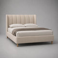 Lit double en tissu beige 160 x 200 cm avec tête de lit rembourrée et pieds en bois