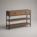 Console rectangulaire à 2 tiroirs et 2 étagères en panneaux de particules et acier, effet chêne brun et noir, 100 × 35 × 85 cm