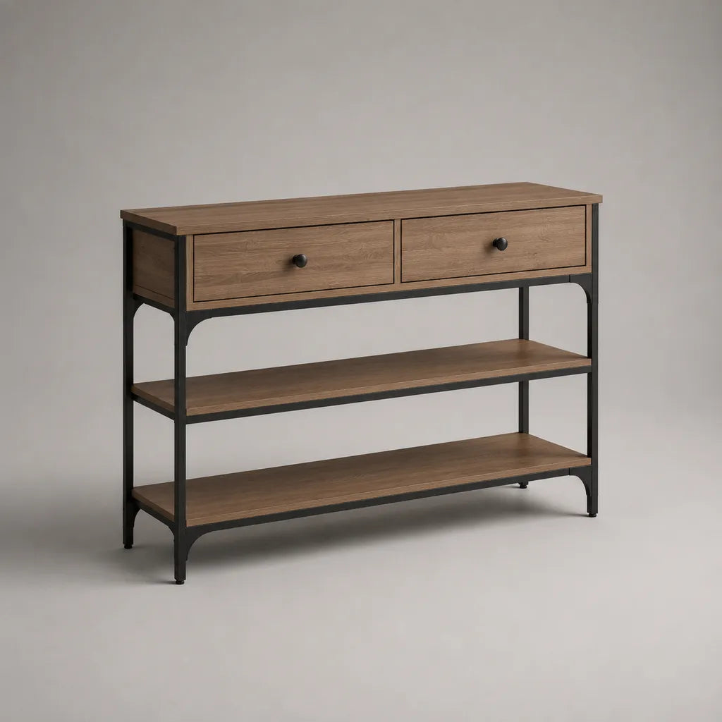 Console rectangulaire à 2 tiroirs et 2 étagères en panneaux de particules et acier, effet chêne brun et noir, 100 × 35 × 85 cm