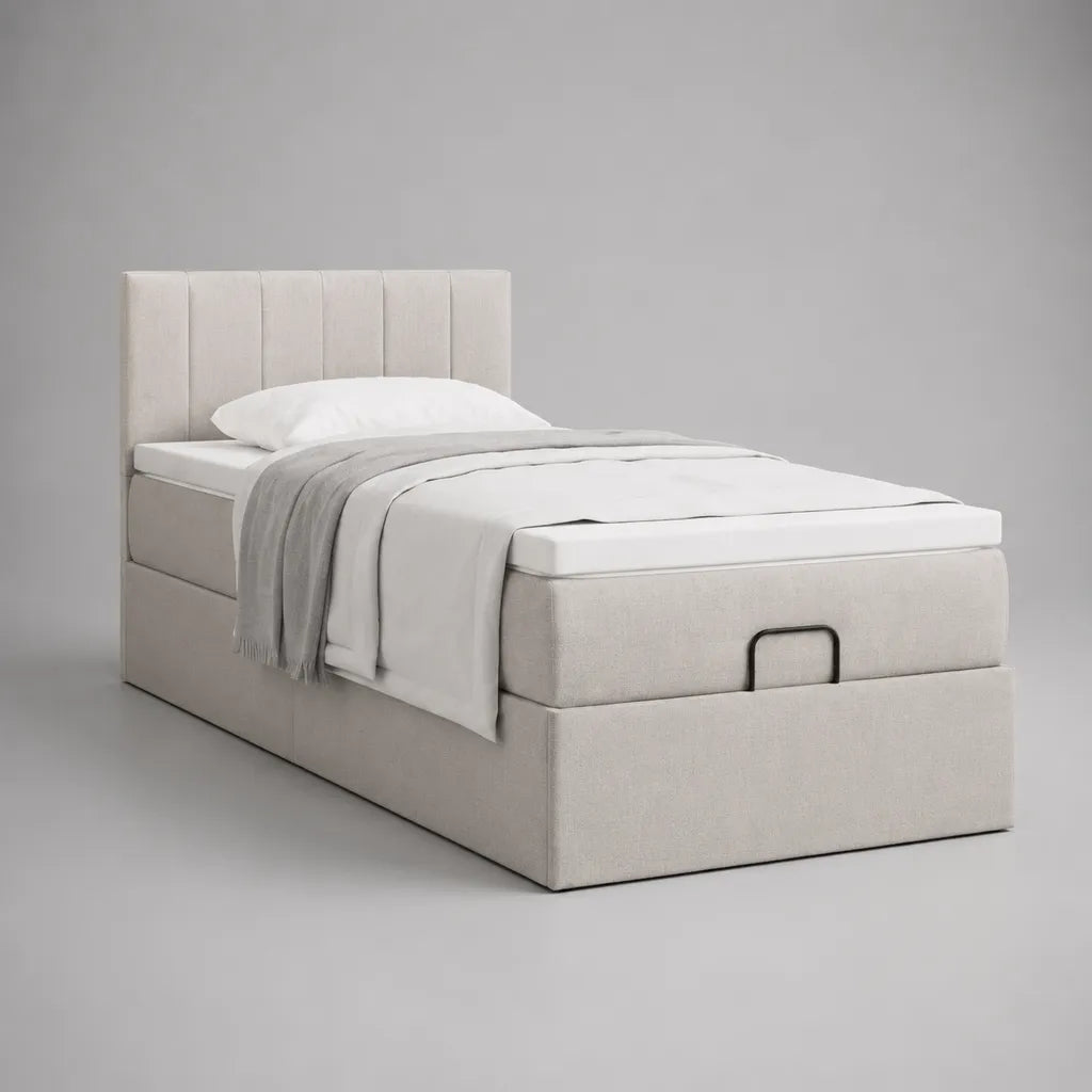 Lit coffre 1 place 90 x 200 cm en tissu beige avec sommier relevable et tête de lit rembourrée, 215 x 105 x 110 cm
