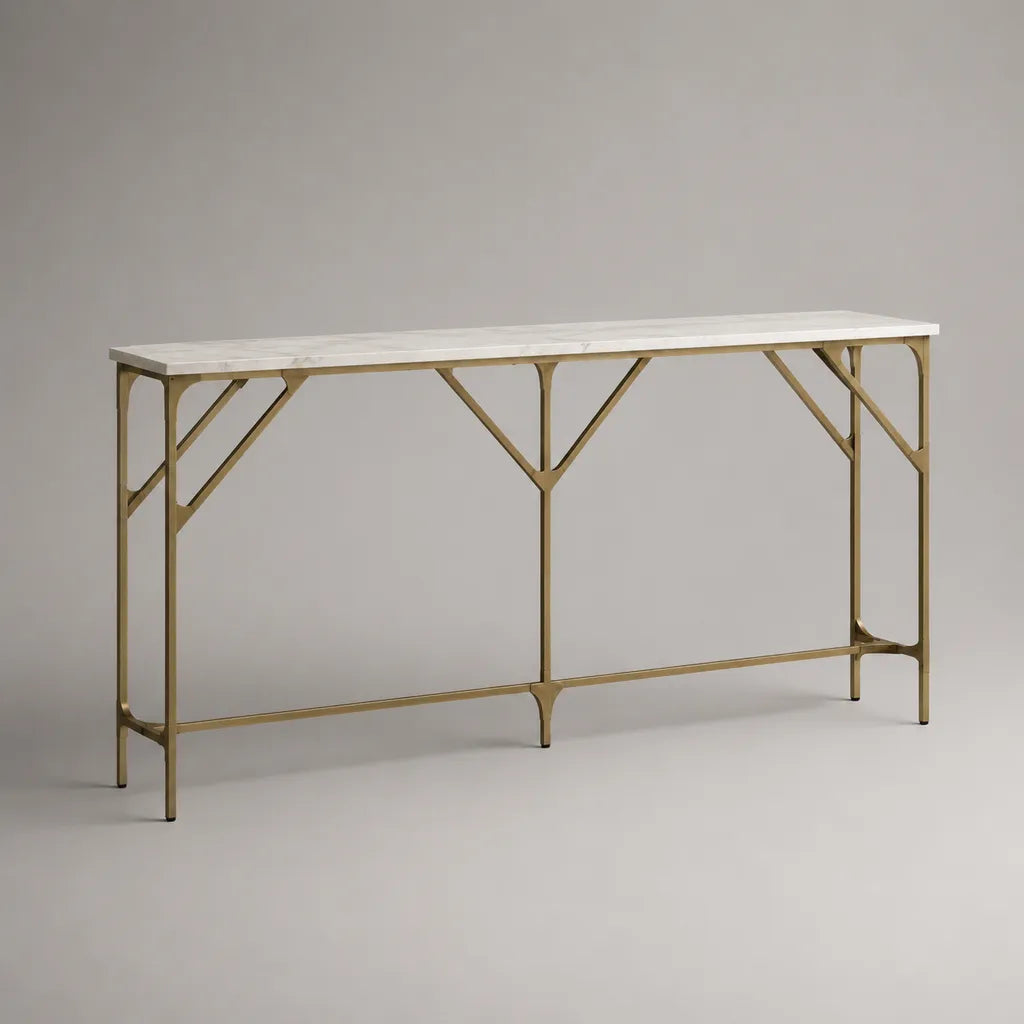 Console rectangulaire en marbre blanc et métal doré, 140 × 35 × 80 cm