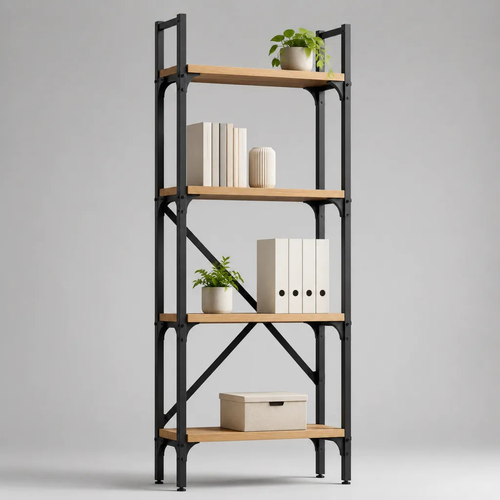Bibliothèque étagère rectangulaire à 4 niveaux en acier et panneaux de particules, noir et chêne naturel, 60 × 30 × 150 cm