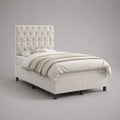 Lit double rembourré 160 × 200 cm en polyester avec tête de lit capitonnée, blanc cassé et noir, 214 × 169 × 135 cm