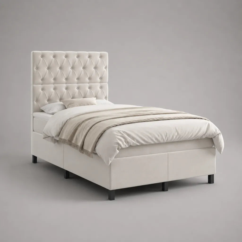 Lit double rembourré 160 × 200 cm en polyester avec tête de lit capitonnée, blanc cassé et noir, 214 × 169 × 135 cm