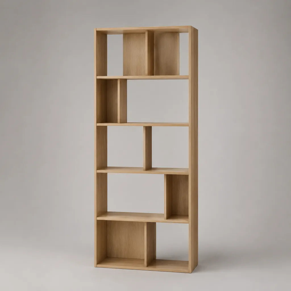 Bibliothèque étagère à 11 niches asymétriques en panneaux de particules mélaminés, chêne clair, 80 × 24 × 180 cm