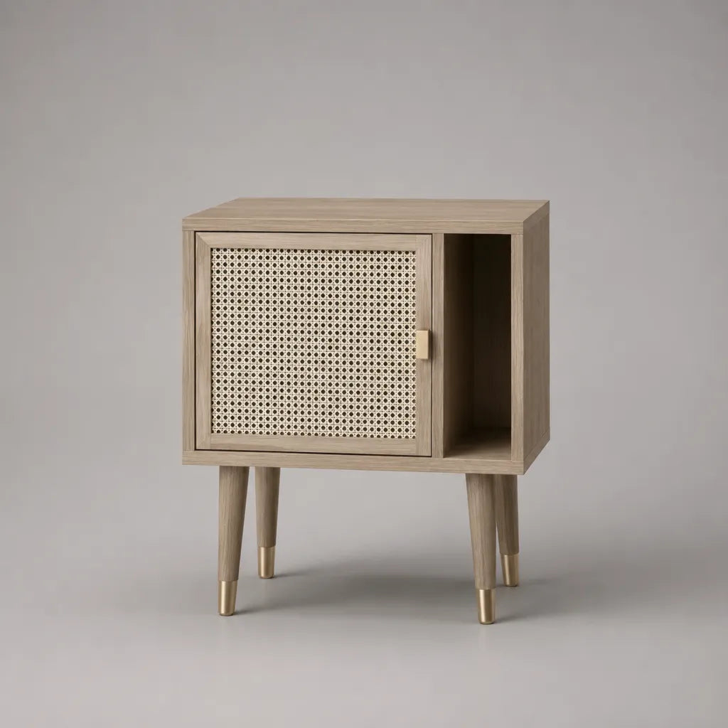 Table de chevet en bois et rotin avec porte cannée et niche, chêne naturel, 60 × 35 × 70 cm