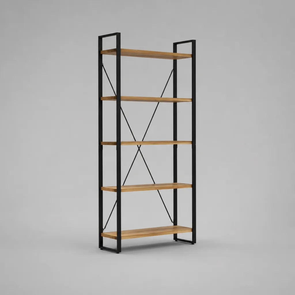 Bibliothèque étagère rectangulaire à 5 niveaux en MDF mélaminé effet chêne et acier noir, 80 × 30 × 180 cm