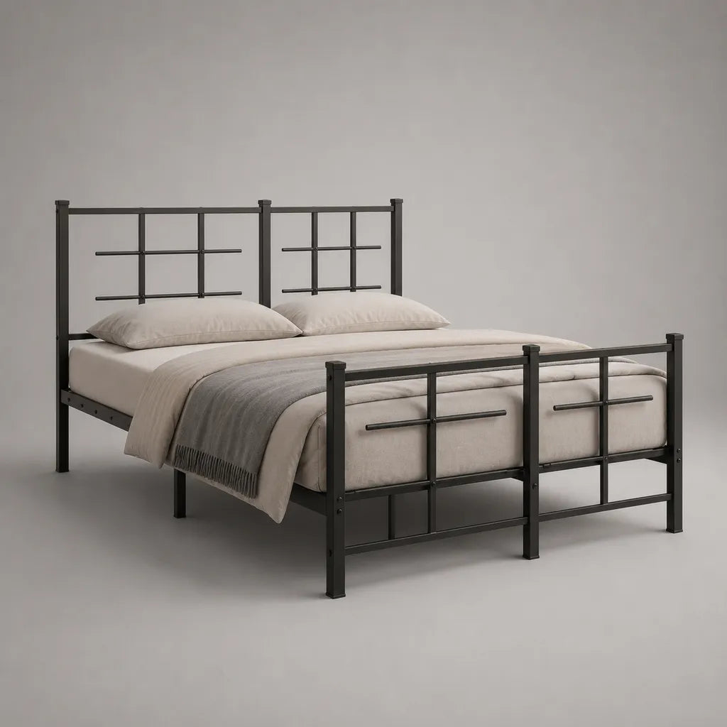 Lit double avec cadre en acier noir, couchage 140 × 190 cm, dimensions 198 × 146 × 105 cm