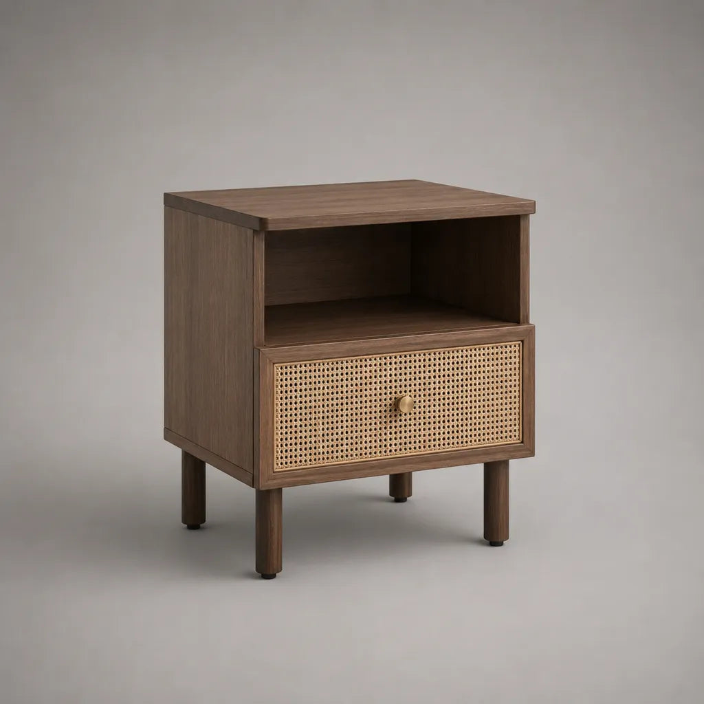 Table de chevet rectangulaire en MDF plaqué noyer et rotin avec tiroir et niche, 45 × 40 × 60 cm, marron noyer et beige naturel