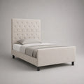 Lit simple rembourré en tissu beige et noir 90 x 190 cm, cadre en bois, tête de lit capitonnée, dimensions 205 x 100 x 140 cm