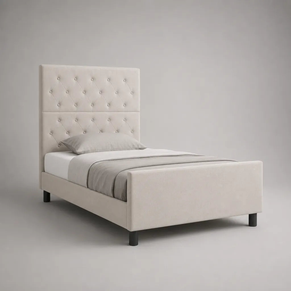 Lit simple rembourré en tissu beige et noir 90 x 190 cm, cadre en bois, tête de lit capitonnée, dimensions 205 x 100 x 140 cm