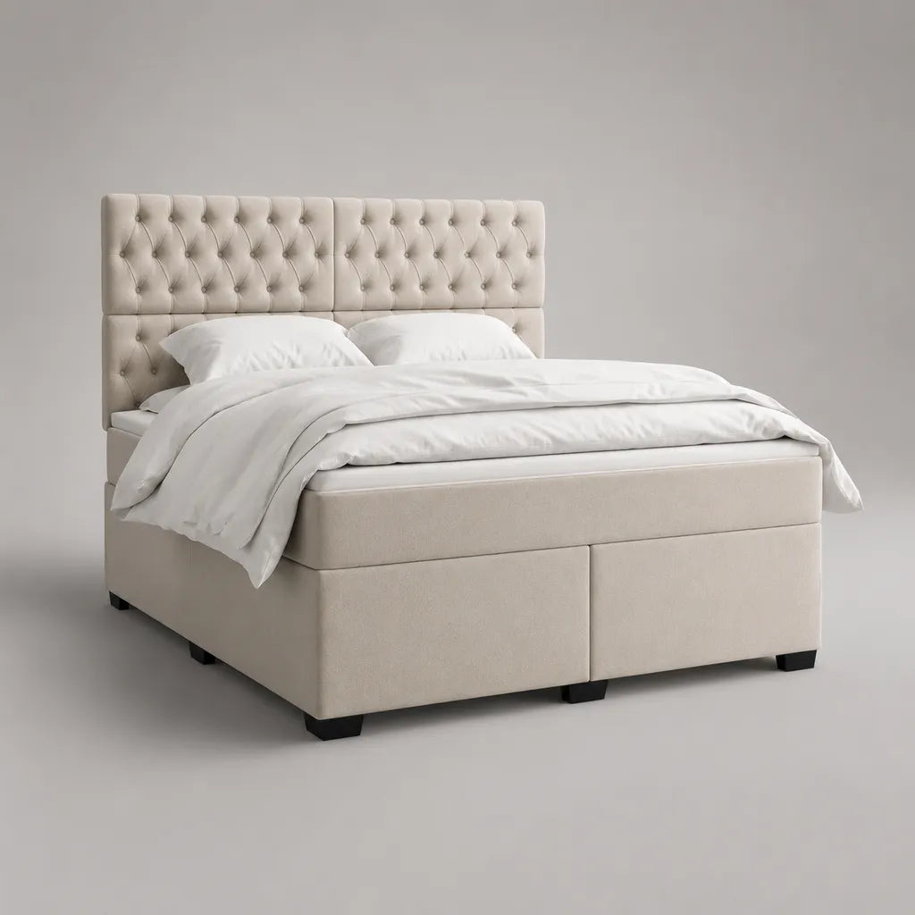 Lit double capitonné rectangulaire en tissu beige 160 × 200 cm avec sommier et matelas