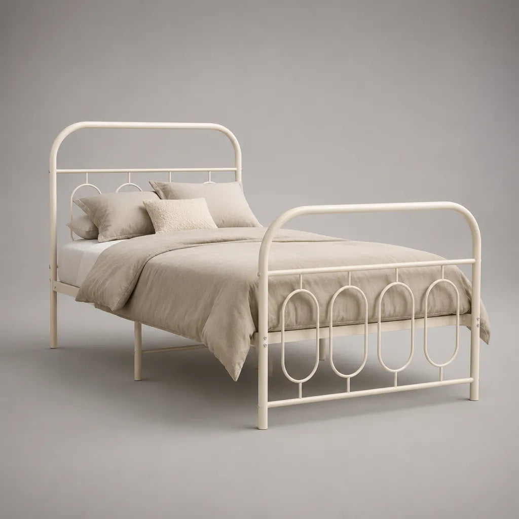 Lit double avec sommier, cadre en acier blanc cassé à motifs arqués, couchage 140 × 190 cm, dimensions 198 × 146 × 110 cm