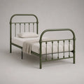 Lit simple avec cadre en acier vert olive, couchage 90 x 190 cm, dimensions 199 x 98 x 120 cm