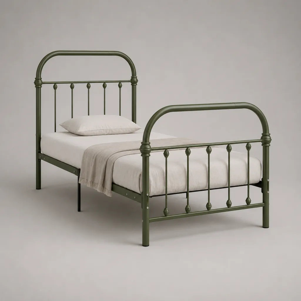 Lit simple avec cadre en acier vert olive, couchage 90 x 190 cm, dimensions 199 x 98 x 120 cm