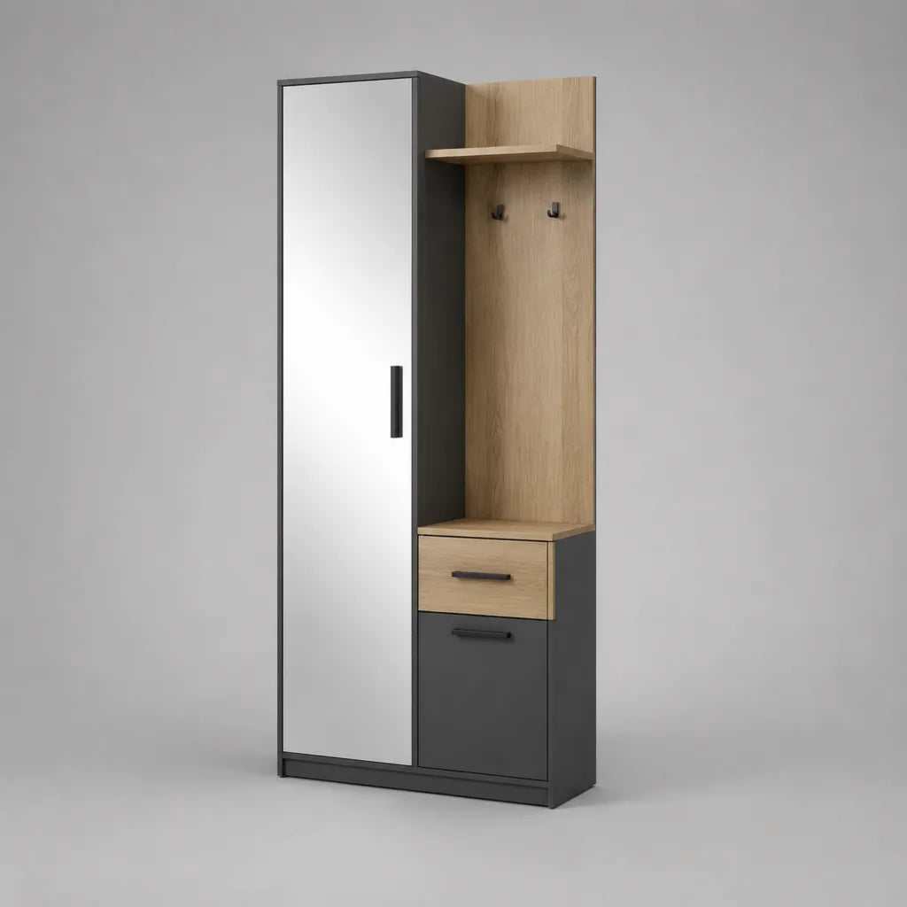 Meuble d’entrée avec miroir, porte-manteau et rangements en panneaux de particules, chêne clair et anthracite, 90 × 35 × 190 cm