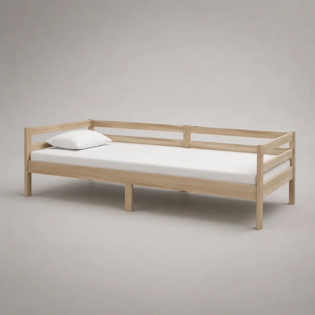 Lit banquette rectangulaire en bois naturel, couchage 90 × 200 cm, dimensions 208 × 98 × 70 cm