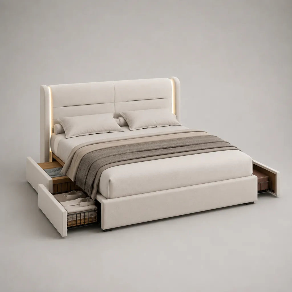 Lit double rembourré en tissu beige avec tête de lit LED, sommier à lattes et 4 tiroirs, couchage 160 × 200 cm